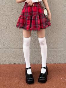 FRIFUL Women's Summer Casual Collegiate Style Patterned Ruffle Hem A-Line Skirt - Red - View 2