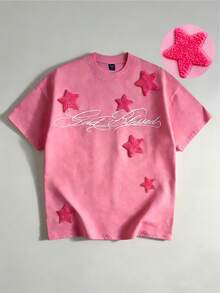 ROMWE MEN 2026春夏男士重工刺绣休闲短袖T恤，男女通用圆领上衣 - 粉色 - 查看 1