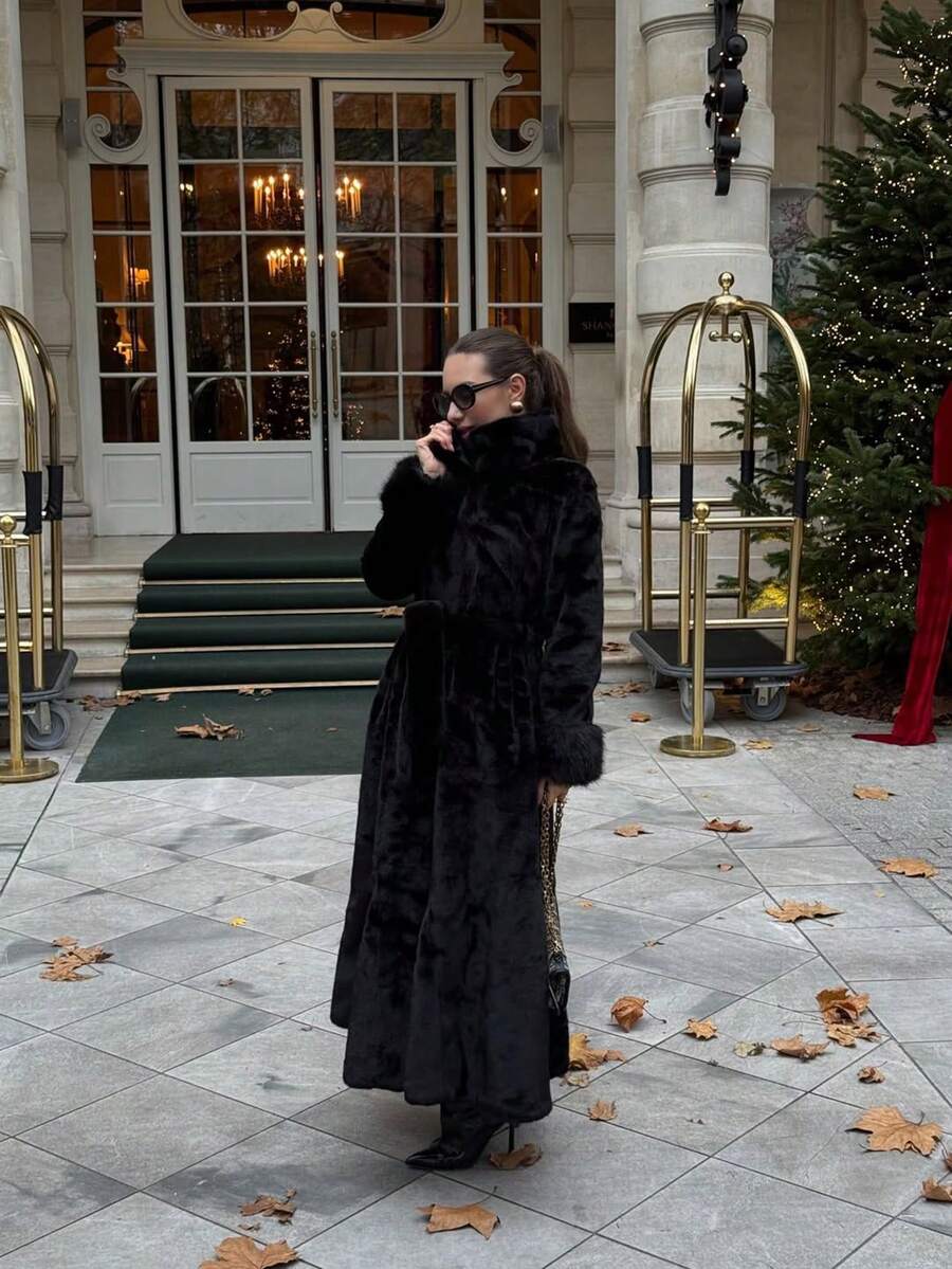 ORNATELLA 秋冬新款蓬蓬长款外套，时尚优雅 - 黑色 - 查看 1