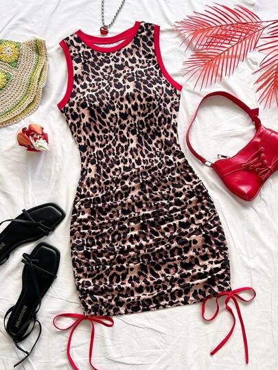 Soleia Plus Size Women's Summer Vacation Leopard Print Contrast Red Artistic Graffiti Paisley Print Knit Sleeveless Mini Dress With Drawstring Hem, Suitable For Music Festivals, Easter, Carnival, Beach, Cruise, Afternoon Tea, Summer Dresses