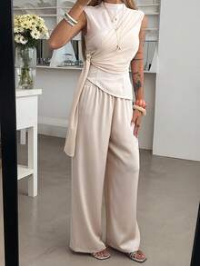 Strévra Women's Sleeveless Mock Neck Top And Casual Pants 2 Pieces Set - Apricot - View 3