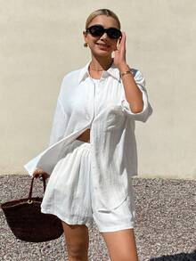 Livesso 假日穿搭 复活节假期 春夏 白色纯色 Polo 领衬衫和休闲短裤两件套 女款 - 白色 - 查看 5