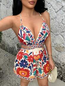 SHEIN SXY 露背镂空印花细肩带无袖波西米亚风连体裤 - 彩色 - 查看 3