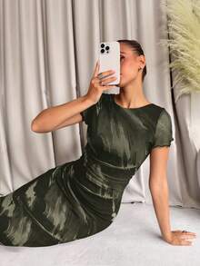 Lavishia 女士时尚印花短袖连衣裙，春夏款 - 軍綠色 - 查看 6
