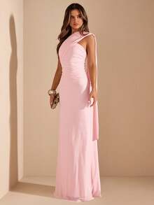 SHEIN BAE Women's Solid Pink Asymmetric Ruched Backless Chiffon Dress, Elegant Beach Holiday Dress, Spring/Summer - Pink - View 3