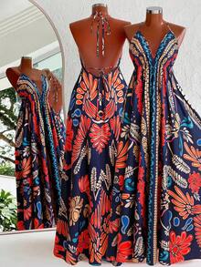 Flirla Plus Size Halter Neck Bohemian Style Flattering Beach Vacation Printed Dress - Multicolor - View 2