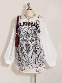 SHEIN ICON Vestido mini de malla transparente con estampado retro punk Y2K, abertura ancha y abierta, talla grande, otoño - Blanco y Negro - Ver 4