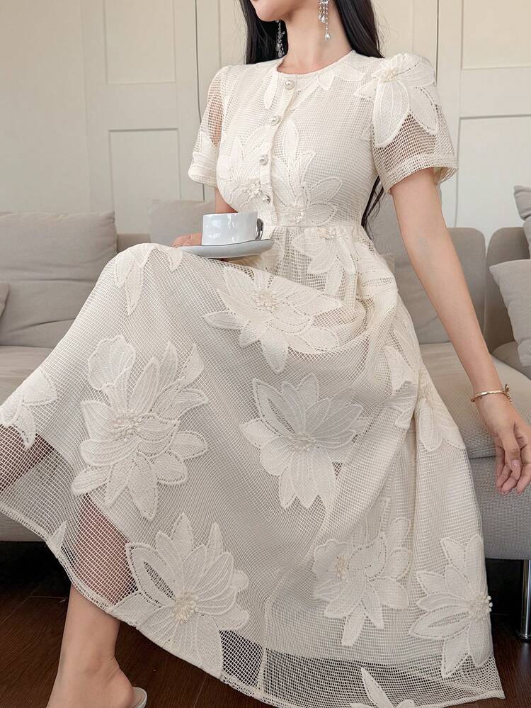 Women's Elegant Floral Print Round Neck Petal Sleeve Mid-Length Dress, Summer,Wedding Guest Dress Women Sundress