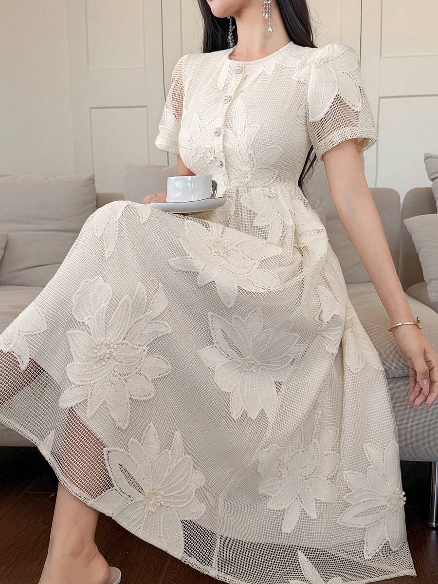 DAZY Women's Elegant Floral Print Round Neck Petal Sleeve Mid-Length Dress, Summer - Apricot - View 1