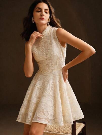 Anewsta Women's Winter Dress, Christmas & New Year, Stand Collar Sleeveless Waist Cinched Mesh Fabric 3D Floral Embroidery Elegant Dress