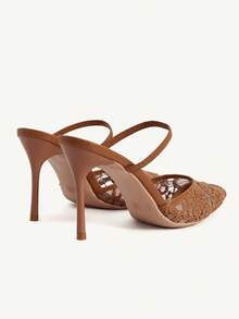 CUCCOO CHICEST 女士鞋履春夏新款网纱刺绣尖头细跟高跟鞋优雅性感网纱女式高跟鞋粘跟脚带包头高跟拖鞋优雅性感下午茶派对 Hunliji 百搭服饰 - 棕色 - 查看 5