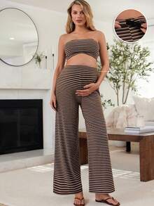 SHEIN Set de 2 piezas de top tubo a rayas y pantalones de pierna ancha de maternidad, para verano - Multicolor - Ver 1