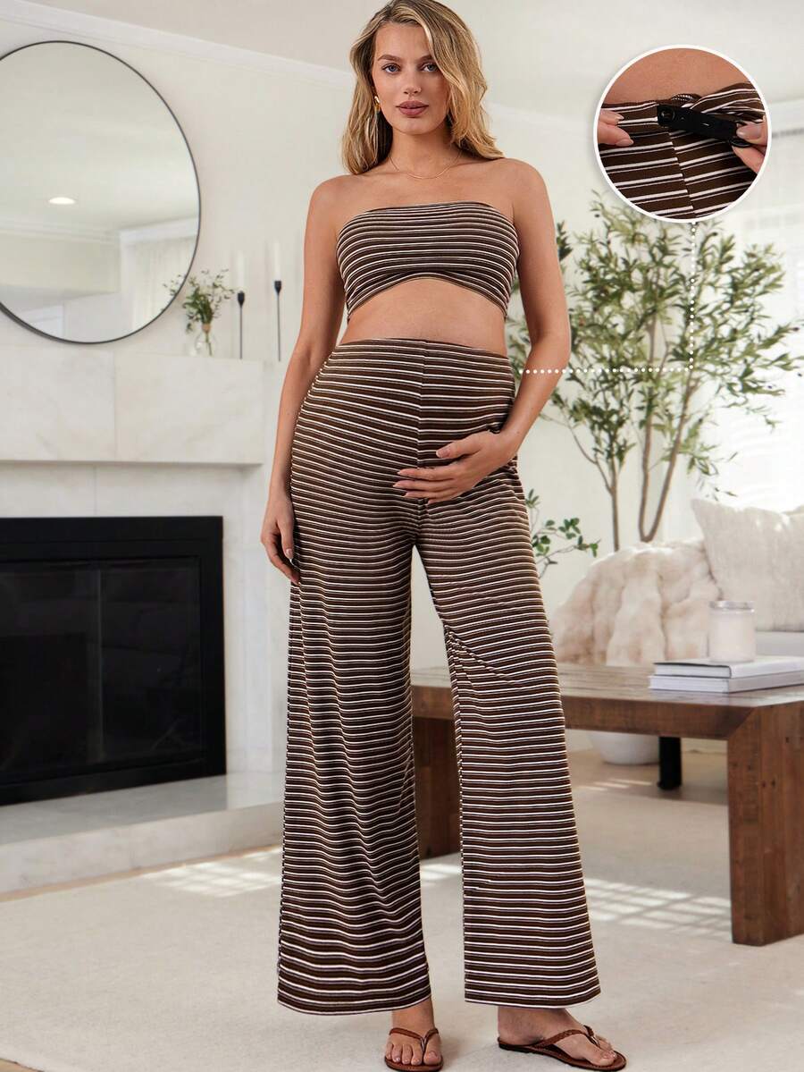 SHEIN Set de 2 piezas de top tubo a rayas y pantalones de pierna ancha de maternidad, para verano - Multicolor - Ver 1