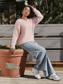 Yess Loren Women's Plush Knit Drop Shoulder Sweater,Long Sleeve Tops Knit Pullover Fall Winter Outfit - Pink - View 3