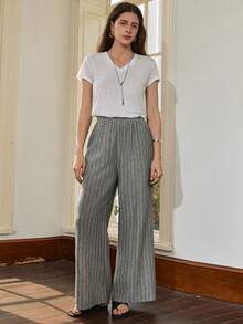 Dazy-Less Women's Casual Striped Print Loose Wide Leg Pants, Suitable For Vacation, Daily Commute Summer - Grey - View 3