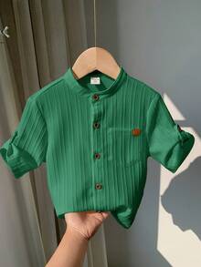 SHEIN 1件男童休闲学院风舒适亚麻立领贴袋百搭衬衫 - 墨綠色 - 查看 1