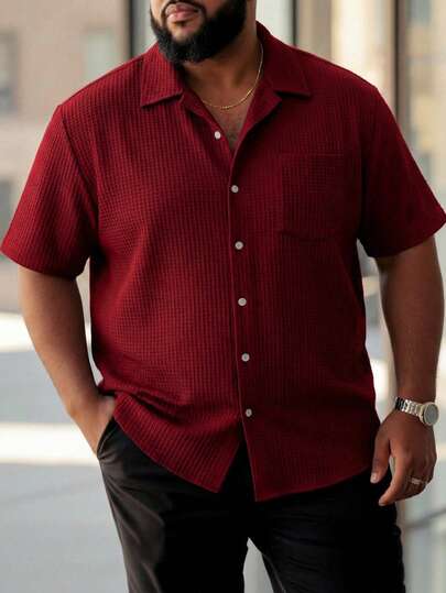 ResortEase 大码男士纯色短袖单排扣休闲口袋衬衫