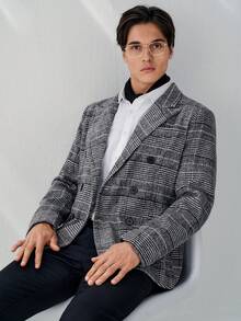 RONVEXI Men's Houndstooth Mandarin Collar Double-Breasted Business Suit Jacket - Black and White - View 5