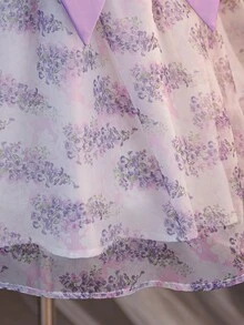 年轻女孩修身可爱度假风中长连衣裙，方领，泡泡袖，撞色蝴蝶结装饰。 - 紫色 - 查看 9