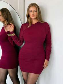 Auralis Plus Size Women Burgundy Elegant Long Sleeve Pleated Fitted Dress,Autumn Solid Color Night Out Club Party Graduation Wedding Guest Casual Vacation - Burgundy - View 2