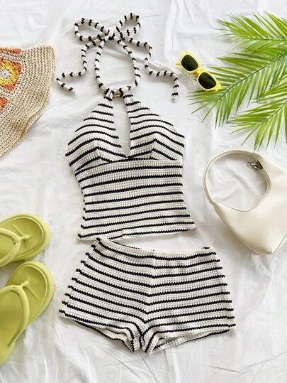 Soleia Women's Summer Vacation Striped Halter Top And Shorts 2 Pieces Set