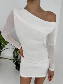 Đầm maxi nữ thanh lịch màu trắng trễ vai, đính ngọc trai, xếp ly, ôm sát, lãng mạn, thích hợp cho tiệc tùng và hẹn hò, ngày Valentine. - trắng - Xem 5