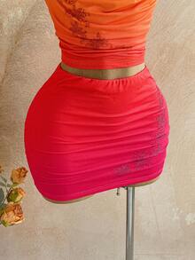 Soleia 女士渐变水钻海星装饰垂褶领上衣+迷你裙套装，适合假日、度假、音乐节、波西米亚风、海滩度假、日常通勤、复古风 - 亮橙色 - 查看 5