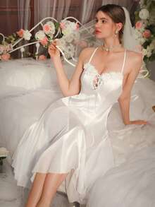DelicateAllure Women's Elegant Solid Color 3D Floral Decor Camisole Nightgown - White - View 3