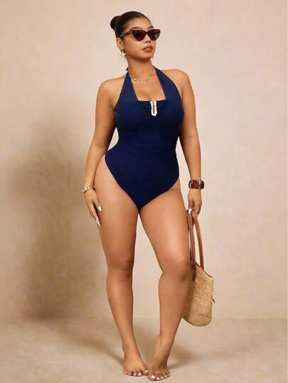 Elaquor Plus Size Women's Blue Color Halter Tie Front One-Piece Swimsuit, Casual Beach Vacation Holiday Spring Outfit Women Spring Swimsuit For Women