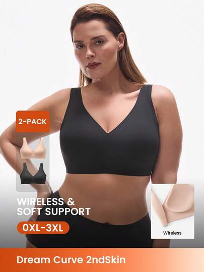 LUVLETTE Plus 2 Pcs Set Dream Curve 2ndSkin Green Wireless Seamless Plunge Lounge Sticky Basic SizeFreedom Bra No Show Underwear Comfortable Must-Haves