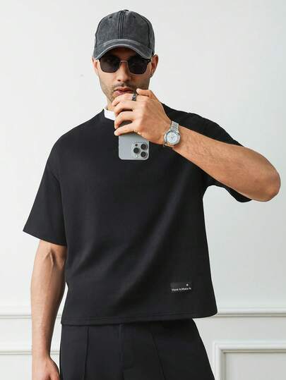 HUEFORM 男士夏季纯色圆领短袖休闲宽松T恤，宽松落肩廓形T恤，街头风，短款宽松版型，黑色圆领T恤，春夏秋冬