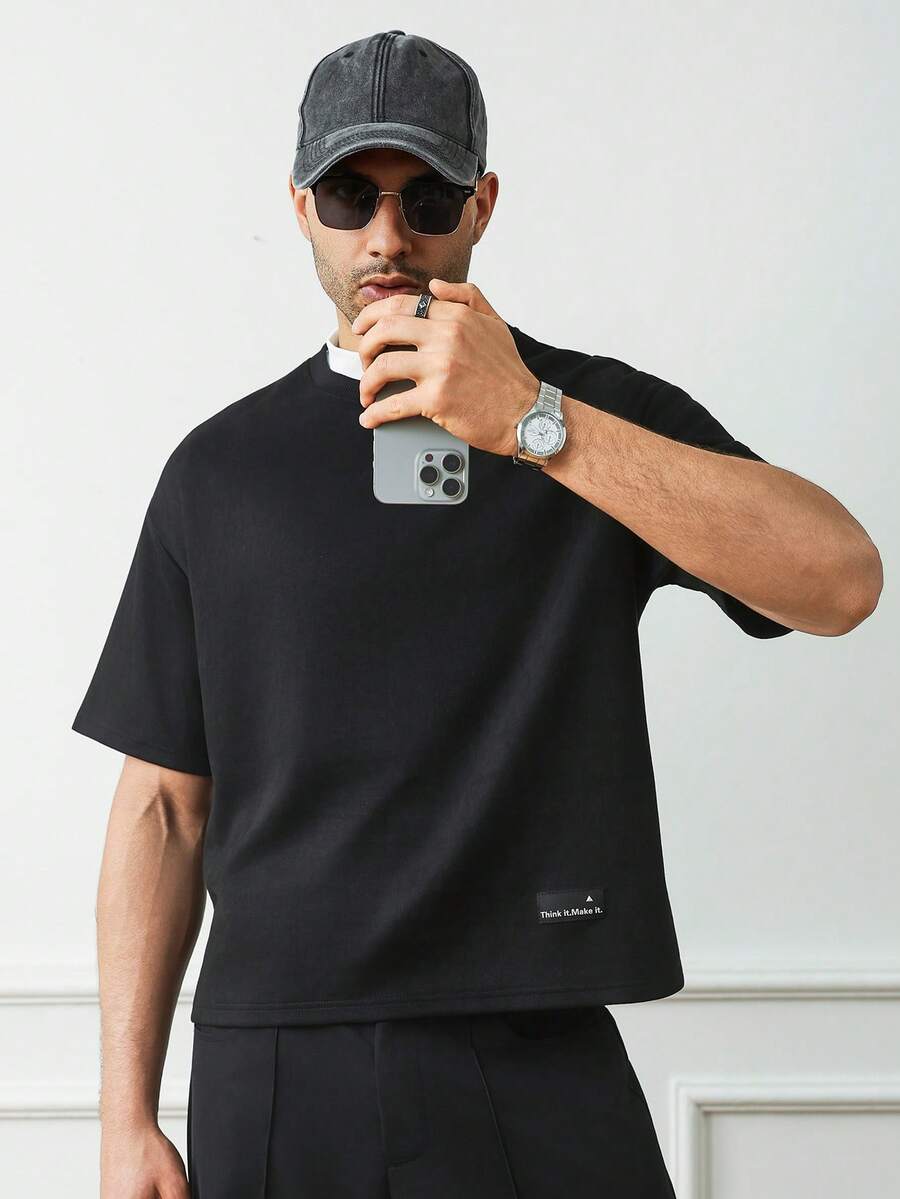 HUEFORM Men's Summer Solid Color Round Neck Short Sleeve Casual Loose T-Shirt , Oversized Boxy Drop Shoulder Tee , Streetwear, Short Loose Fit, Black Crew Neck T-Shirt, Spring Summer Fall Winter - Black - View 1