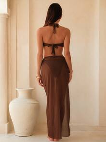 Swim Chiccia Women's Deep Brown Halter Neck Gold Decor Sheer Mesh Sexy Bikini Set - Coffee Brown - View 2