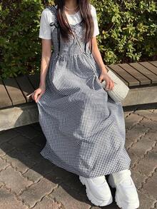 FRIFUL 女士吊带格子A字连衣裙，肩带饰有蝴蝶结 - 黑與白 - 查看 6