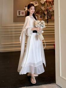 DAZY 少女束腰网纱披肩带连衣裙，优雅连衣裙 - 白色 - 查看 3