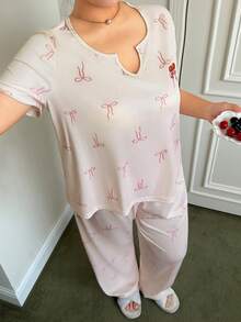 Napfluff CURVE Napfluff CURVE Plus Size Pajama Set, Knit Ribbed Fabric, Bow & Cherry Print, Short Sleeve Top And Long Pants, Cute & Sweet Casual Loungewear - Pink - View 4