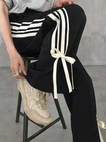 FRIFUL Celana Kasual Olahraga Wanita Motif Garis-Garis Patchwork dengan Pinggang Elastis - Hitam - View 6