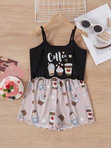女童时尚可爱咖啡印花短裤和吊带背心两件套休闲家居服套装 - 黑色 - 查看 1