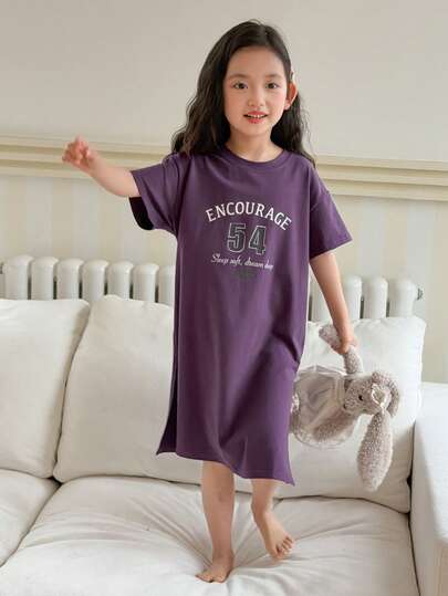 DAZY Young Girl Letter Print Round Neck Loose Straight Casual Short Sleeve Dress Loungewear