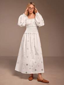 Muvela 新款春夏方领荷叶边松紧腰镂空刺绣A字度假连衣裙 - 白色 - 查看 2