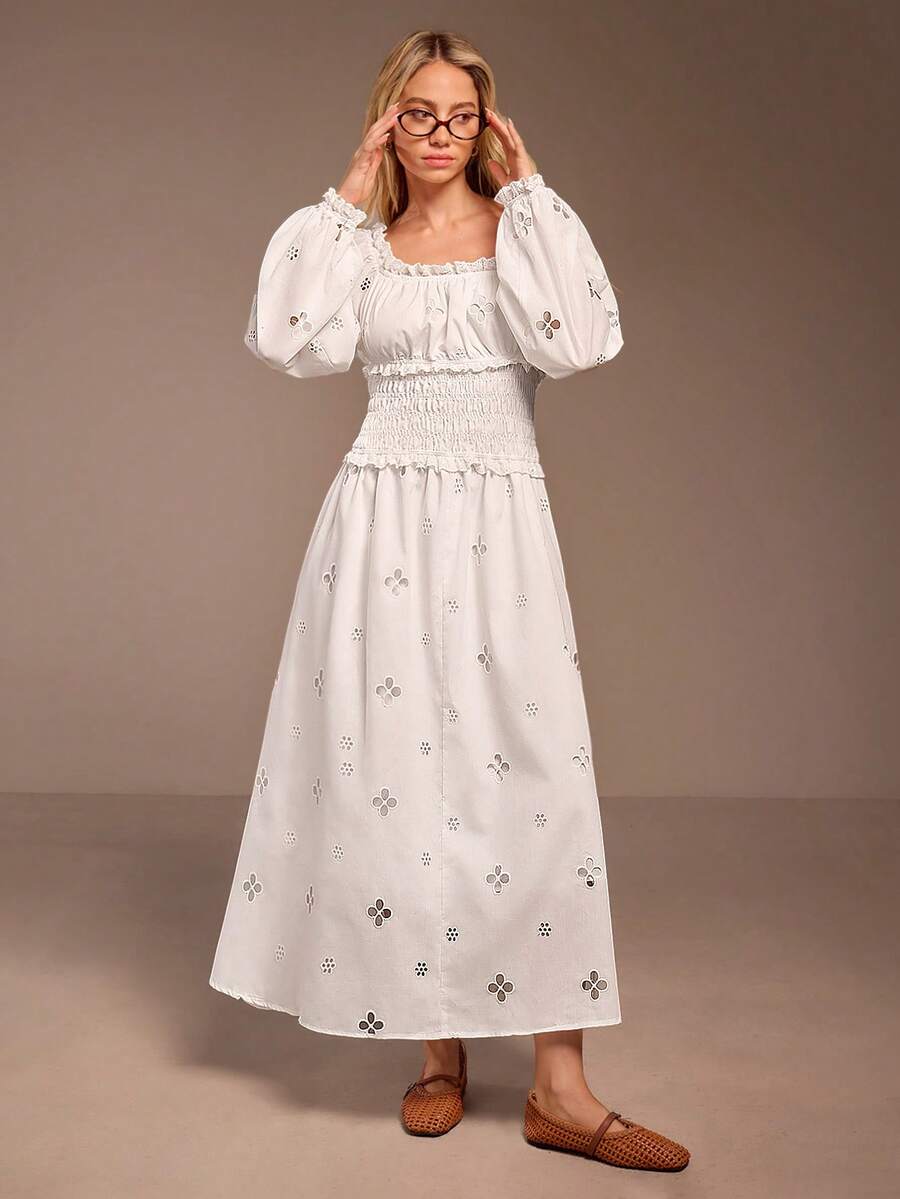 Muvela New Spring/Summer Square Collar Ruffled Elastic Waist Hollow Embroidered Waist A-Line Vacation Dress For Women - White - View 1