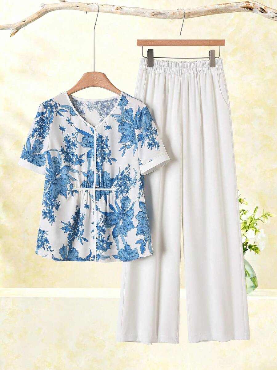 Rusticease 女士优雅褶皱V领杏色短袖衬衫夏季服装女士休闲套装衬衫和裤子套装女士夏季裤装套装女士亚麻套装女士春季套装女士裤装套装女士夏季裤装套装女士服装套装女士夏季两件套女士服装套装女士夏季服装女士度假服装套装 - 彩色 - 查看 1