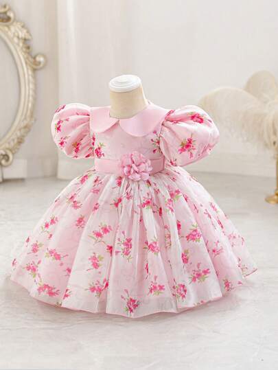 Glamorique Kids Baby Girl Floral Print Petal Sleeve Party Princess Dress With 3D Flower Decor