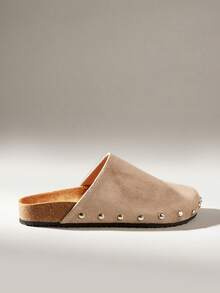 Solecia Damen Vintage-Stil Mode mit Nieten Details, bequem, vielseitig, hochwertige Anmutung, Samt, Oberbekleidung, flache Sohle, Mule Pantoffeln. - Grau - Übersicht 1