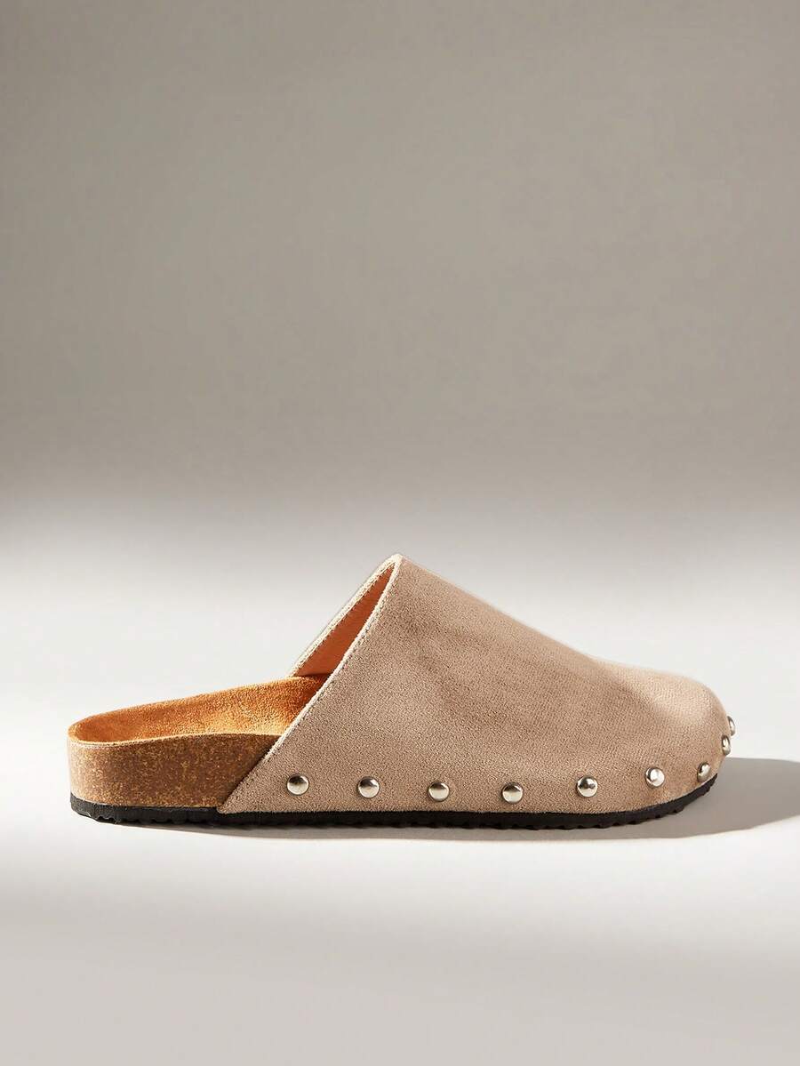 Solecia Damen Vintage-Stil Mode mit Nieten Details, bequem, vielseitig, hochwertige Anmutung, Samt, Oberbekleidung, flache Sohle, Mule Pantoffeln. - Grau - Übersicht 1