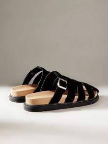 女士厚底凉鞋，时尚镂空穆勒鞋，舒适平底拖鞋，适合春夏度假休闲及户外活动，防滑设计，新款渔夫罗马编织平底凉鞋 - 黑色 - 查看 4