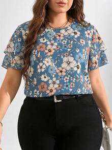 Reflora Spring Women's Khaki Base Printed Sleeve Double Ruffle Hem Plus Size Blouse, Elegant Daily Wear - Dusty Blue - View 1