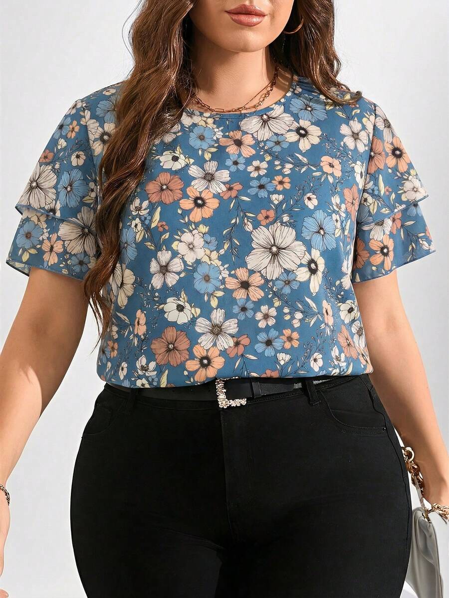 Reflora Spring Women's Khaki Base Printed Sleeve Double Ruffle Hem Plus Size Blouse, Elegant Daily Wear - Dusty Blue - View 1