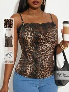 SHEIN SXY Women's Plus Size Leopard Print Satin Fabric Patchwork Lace Cami Top,Brown Summer Classy Country Night Out Club, Elegant Vintage Party - Multicolor - View 6