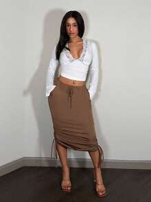 Slaydiva Women's Espresso Brown Summer High-Waisted Elastic Waist Side Hem Drawstring Skirt,Seksi Chic Night Out Y2K Street Sweet Style Skirt - Khaki - View 7